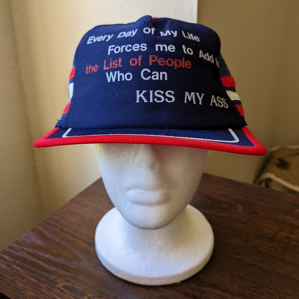 Vintage Sunrise Sales Kiss My A$$ Novelty Three Stripe USA Trucker Hat